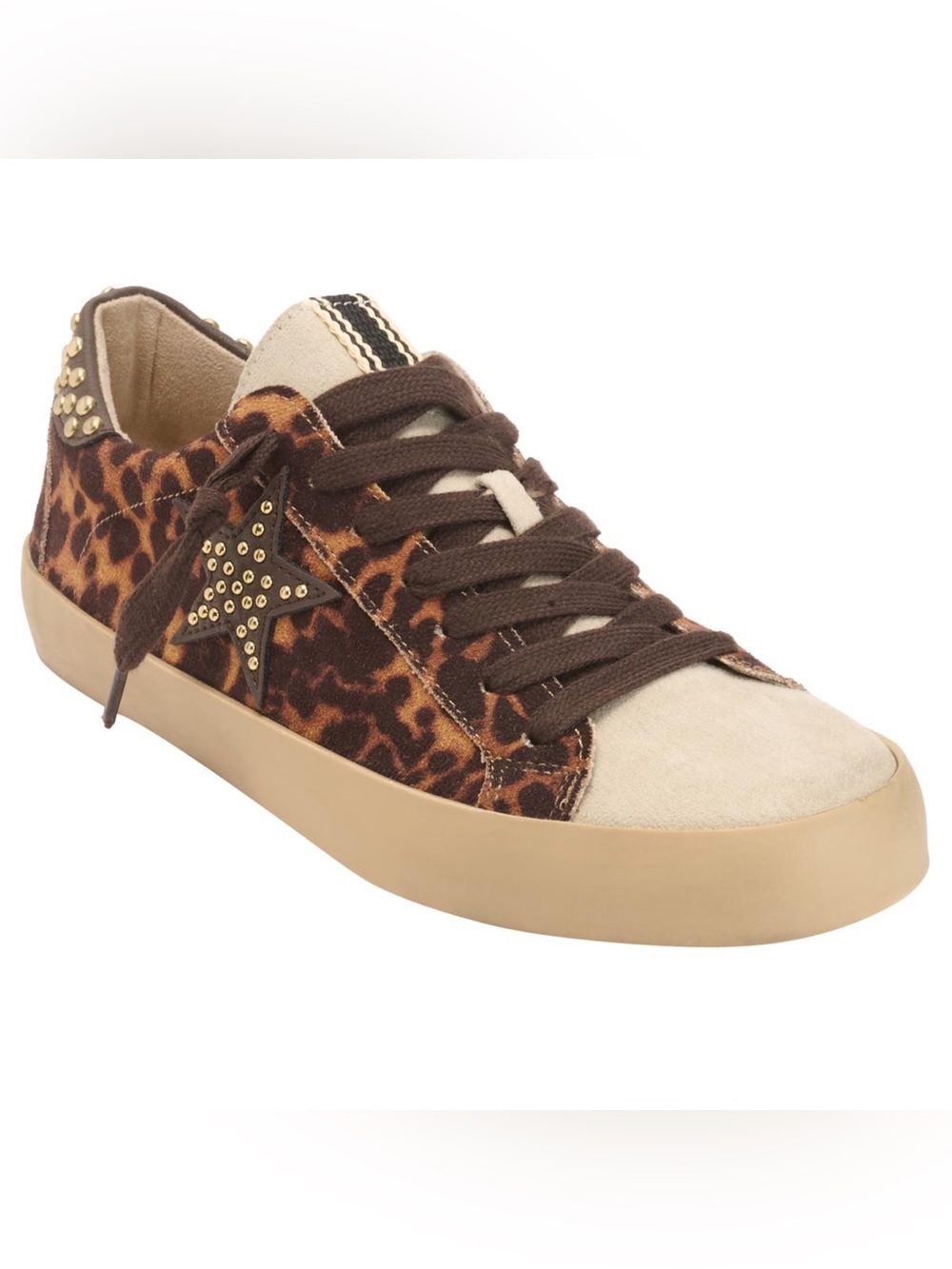 ShuShop Brown Leopard Star-Stud Lace-Up Sneakers
